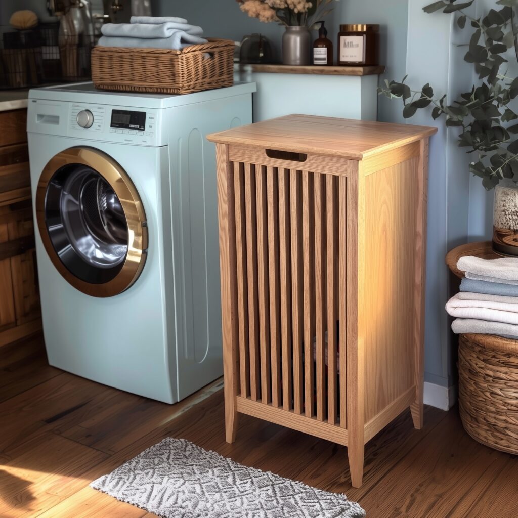 Wooden laundry basket with slats on the sides, light oak finish, standing in the corner of a laundry room. Washing Machine. Folded towels. --chaos 10 --ar 1:1 --raw --stylize 200 --v 7 Job ID: e52877eb-0078-4476-b2cf-de12f0374408
